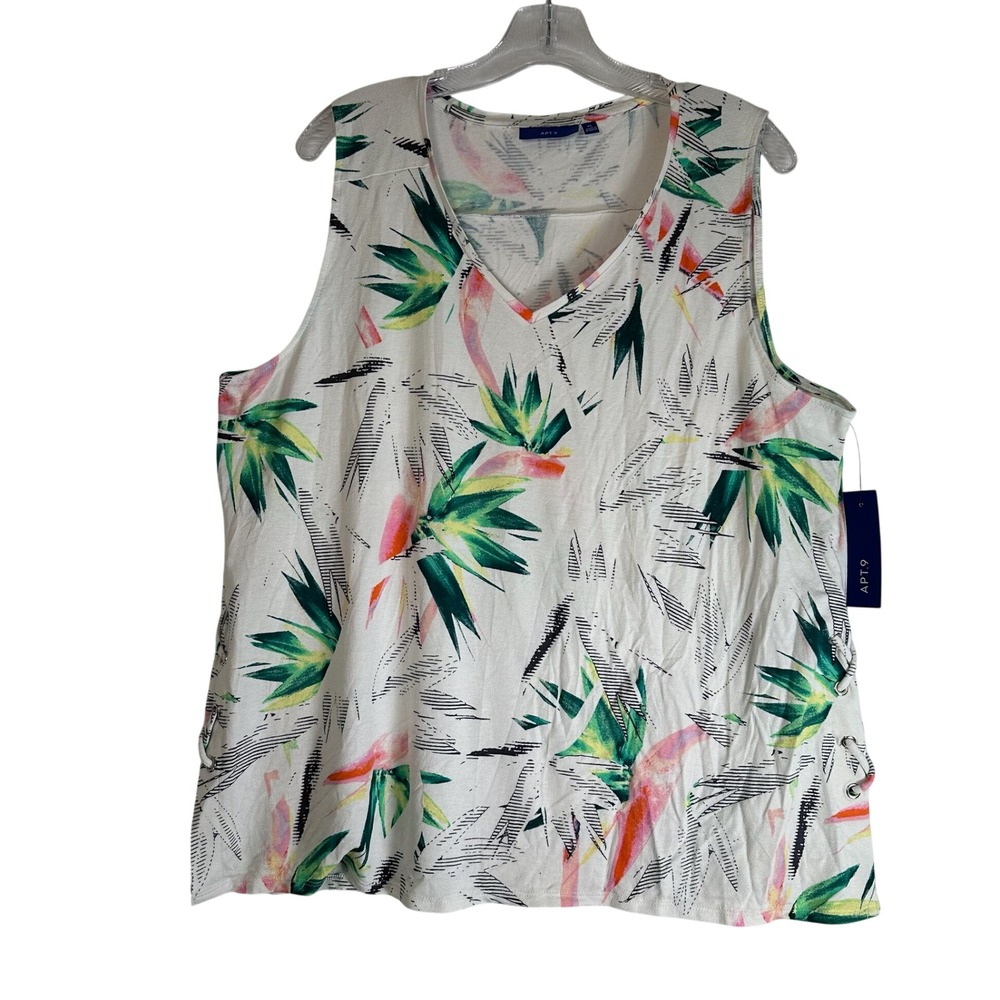 Apt 9 Womens XL Tropical Bird of Paradise V-Neck Tank Top Side Lace Up